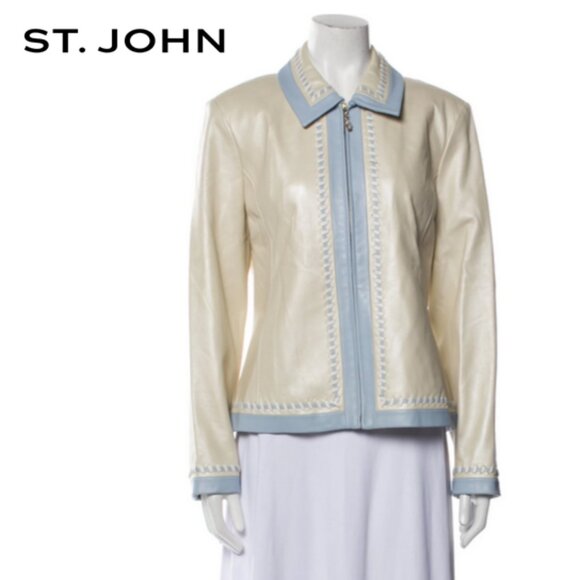 ST. JOHN Ivory 100% Leather Jacket w/ Baby Blue & White BraidedTrim